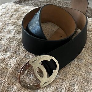 CHANEL Black Leather Wide Belt with silver Interlocking CC Buckle